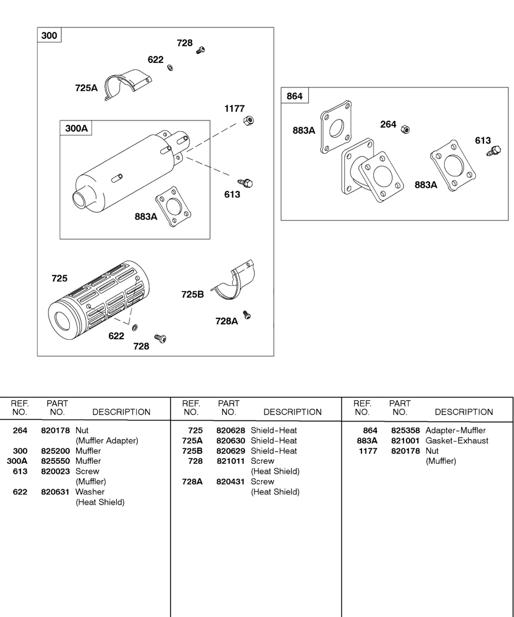 Muffler, Muffler Adapter Diagram and Parts List for 580447-0315-XX  Briggs and Stratton Engine